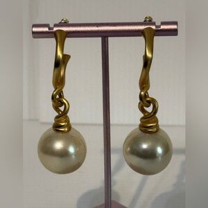 VTG 80s Fashion Faux Pearl Ball Earrings Geometric Pierced Gold Tone Dangle Drop